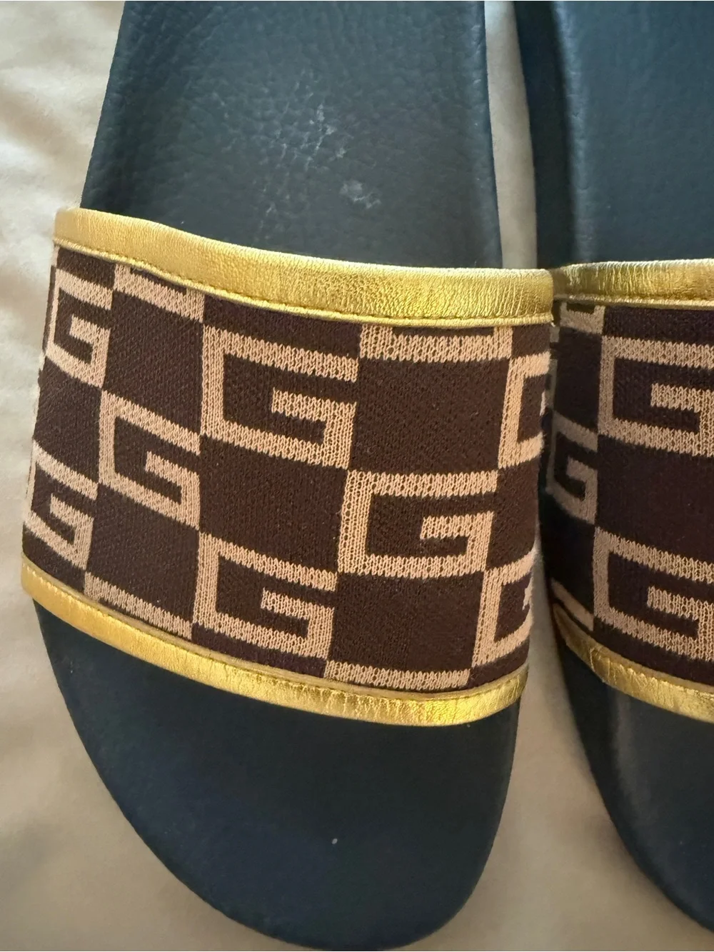 Gucci Brown & Gold GG Logo Slide Sandals